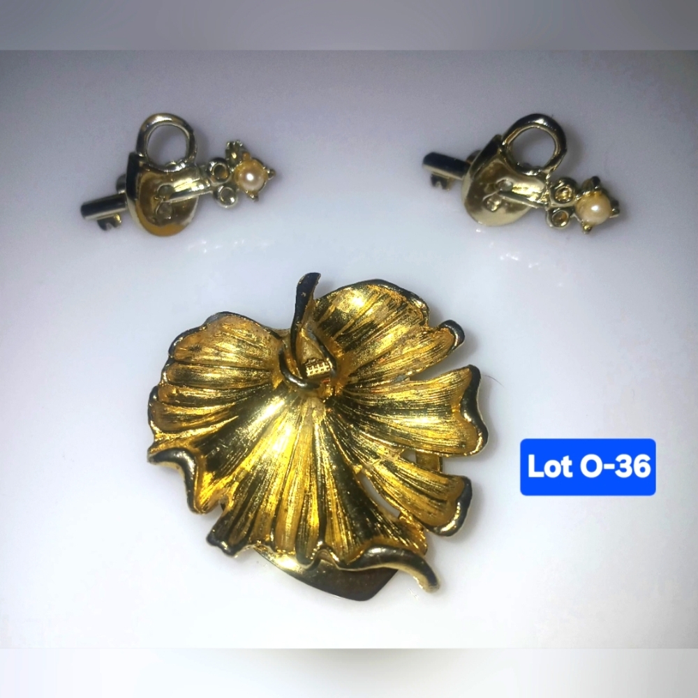 Elegant Gold Floral Brooch and Earring Set